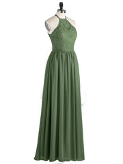 Chiffon And Lace Halter Maxi Dresses Olive Green