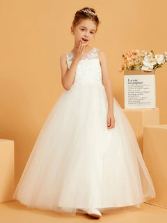 Illusion Floral Appliqued Ball-Gown Lace Flower Girl Dress