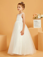 Illusion Floral Appliqued Ball-Gown Lace Flower Girl Dress