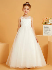 Illusion Floral Appliqued Ball-Gown Lace Flower Girl Dress