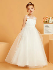 Illusion Floral Appliqued Ball-Gown Lace Flower Girl Dress