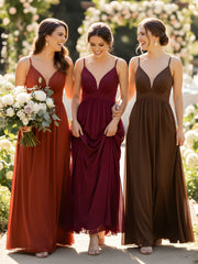 Full Deep V-neck Empire Waist Chiffon Dress Rust