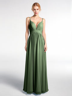 Full Deep V-neck Empire Waist Chiffon Dress Olive Green