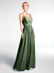 Full Deep V-neck Empire Waist Chiffon Dress Olive Green