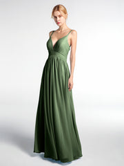 Full Deep V-neck Empire Waist Chiffon Dress Olive Green