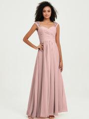 Chiffon Bridesmaid Dresses with Lace Cap Sleeves Dusty Rose