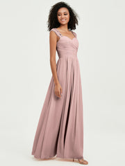 Chiffon Bridesmaid Dresses with Lace Cap Sleeves Dusty Rose
