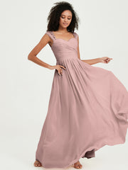 Chiffon Bridesmaid Dresses with Lace Cap Sleeves Dusty Rose