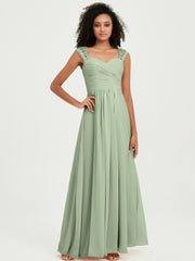 Chiffon Bridesmaid Dresses with Lace Cap Sleeves Dusty Sage