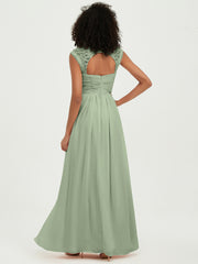 Chiffon Bridesmaid Dresses with Lace Cap Sleeves Dusty Sage