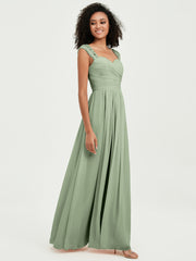 Chiffon Bridesmaid Dresses with Lace Cap Sleeves Dusty Sage