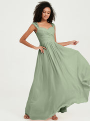 Chiffon Bridesmaid Dresses with Lace Cap Sleeves Dusty Sage