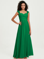 Chiffon Bridesmaid Dresses with Lace Cap Sleeves Emerald