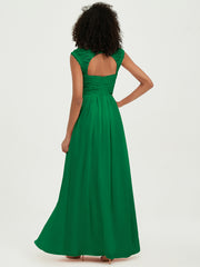 Chiffon Bridesmaid Dresses with Lace Cap Sleeves Emerald