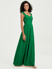Chiffon Bridesmaid Dresses with Lace Cap Sleeves Emerald