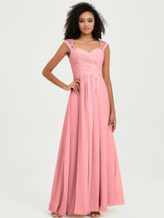 Chiffon Bridesmaid Dresses with Lace Cap Sleeves Flamingo