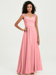 Chiffon Bridesmaid Dresses with Lace Cap Sleeves Flamingo