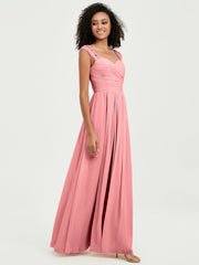 Chiffon Bridesmaid Dresses with Lace Cap Sleeves Flamingo
