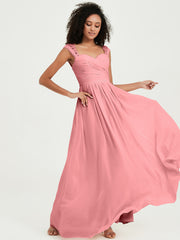 Chiffon Bridesmaid Dresses with Lace Cap Sleeves Flamingo
