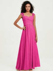 Chiffon Bridesmaid Dresses with Lace Cap Sleeves Fuchsia