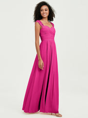 Chiffon Bridesmaid Dresses with Lace Cap Sleeves Fuchsia