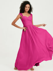 Chiffon Bridesmaid Dresses with Lace Cap Sleeves Fuchsia