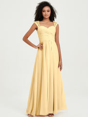 Chiffon Bridesmaid Dresses with Lace Cap Sleeves Gold