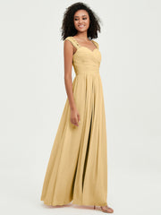 Chiffon Bridesmaid Dresses with Lace Cap Sleeves Gold