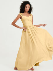 Chiffon Bridesmaid Dresses with Lace Cap Sleeves Gold