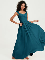 Chiffon Bridesmaid Dresses with Lace Cap Sleeves Ink Blue
