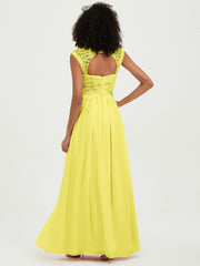 Chiffon Bridesmaid Dresses with Lace Cap Sleeves Lemon