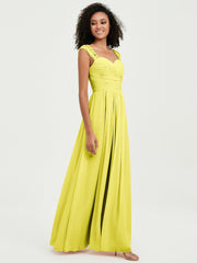 Chiffon Bridesmaid Dresses with Lace Cap Sleeves Lemon