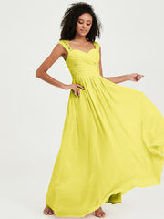 Chiffon Bridesmaid Dresses with Lace Cap Sleeves Lemon
