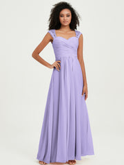 Chiffon Bridesmaid Dresses with Lace Cap Sleeves Lilac