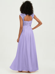 Chiffon Bridesmaid Dresses with Lace Cap Sleeves Lilac