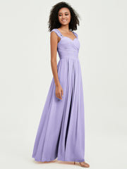 Chiffon Bridesmaid Dresses with Lace Cap Sleeves Lilac