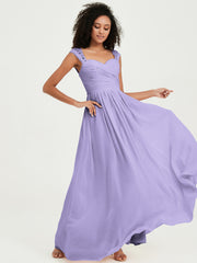 Chiffon Bridesmaid Dresses with Lace Cap Sleeves Lilac