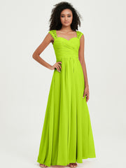 Chiffon Bridesmaid Dresses with Lace Cap Sleeves Lime Green
