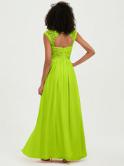 Chiffon Bridesmaid Dresses with Lace Cap Sleeves Lime Green