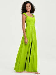 Chiffon Bridesmaid Dresses with Lace Cap Sleeves Lime Green