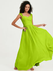 Chiffon Bridesmaid Dresses with Lace Cap Sleeves Lime Green