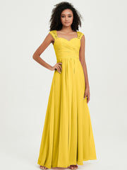 Chiffon Bridesmaid Dresses with Lace Cap Sleeves Marigold