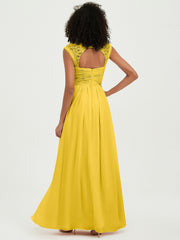 Chiffon Bridesmaid Dresses with Lace Cap Sleeves Marigold
