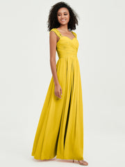 Chiffon Bridesmaid Dresses with Lace Cap Sleeves Marigold