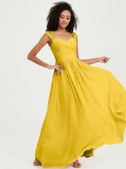 Chiffon Bridesmaid Dresses with Lace Cap Sleeves Marigold
