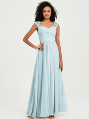 Chiffon Bridesmaid Dresses with Lace Cap Sleeves Mist