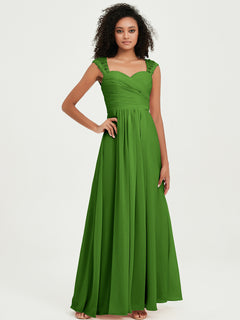 Chiffon Bridesmaid Dresses with Lace Cap Sleeves Moss