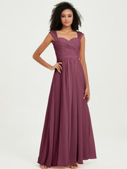 Chiffon Bridesmaid Dresses with Lace Cap Sleeves Mulberry