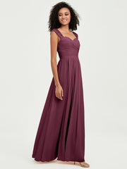 Chiffon Bridesmaid Dresses with Lace Cap Sleeves Mulberry