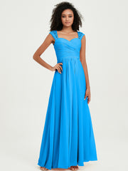 Chiffon Bridesmaid Dresses with Lace Cap Sleeves Ocean Blue